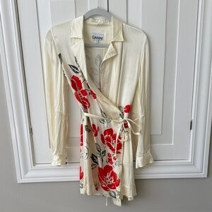 Ganni Ivory Wrap Dress with Red Floral Pattern